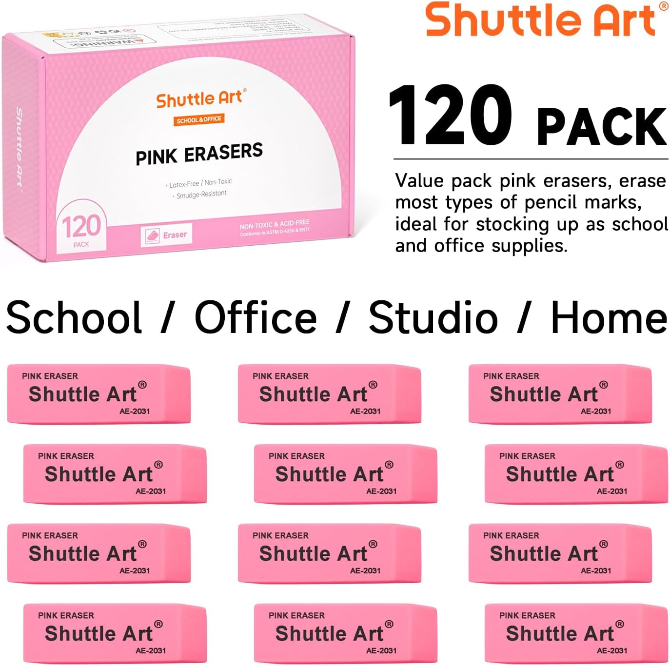 Pink Erasers, Shuttle Art 120 Pack Pink Erasers Bulk for School, Office, Latex-Free Soft Eraser for Kids, Teachers as School Supplies