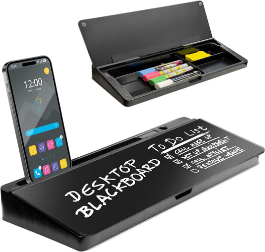 Desktop Dry Erase Board - Glass Erase Board - Black Desk Computer Buddy – Home Office & Studying Essentials - Phone & Tablet Slot, Storage Compartment - Includes 4 Markers, 1 Eraser.