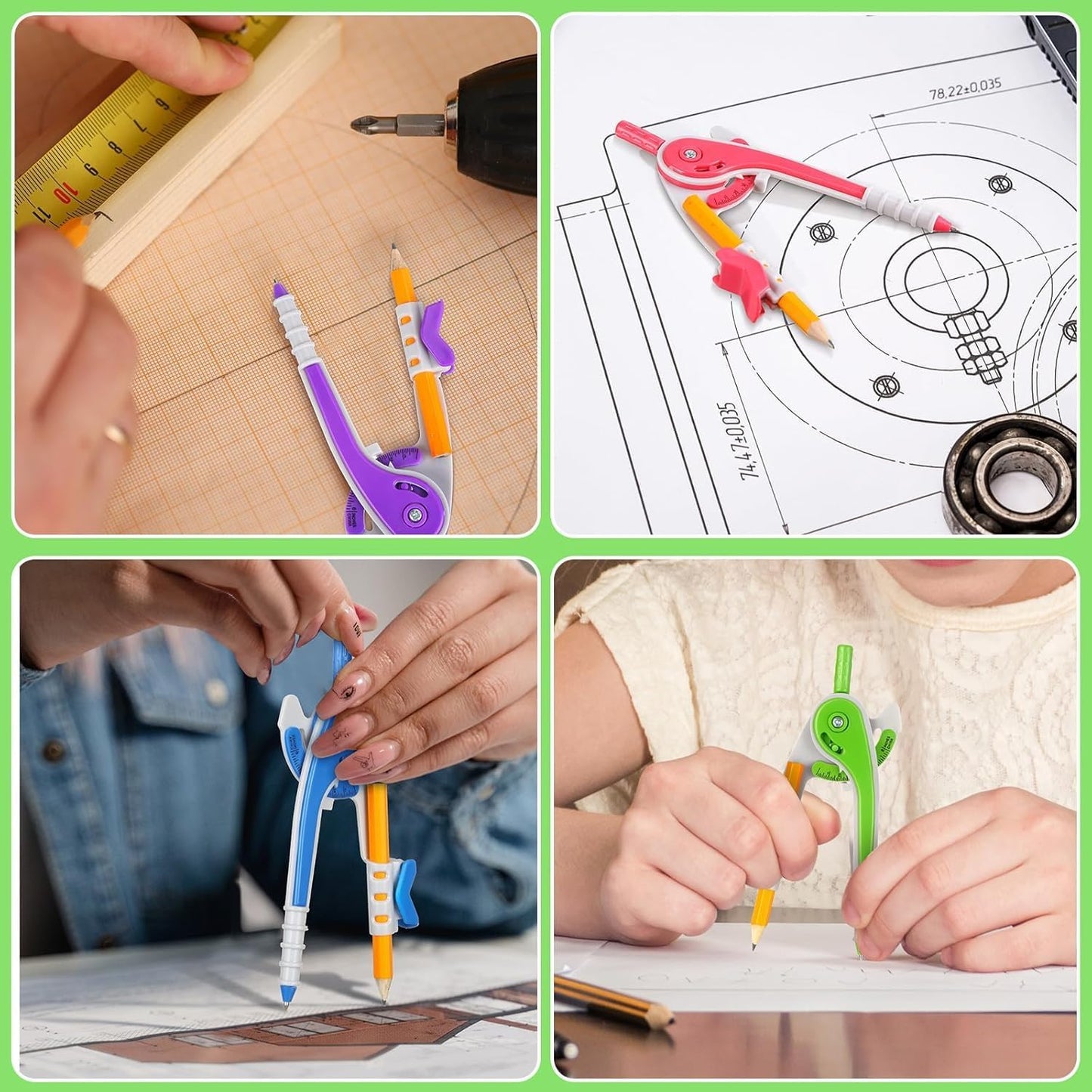 Zonon 100 Pcs Student Math Geometry Compass Tool Classroom Set Bulk 6 Inch Bright Colored Plastic Drawing Compass with Pencils Back to School Supplies for School Home Office