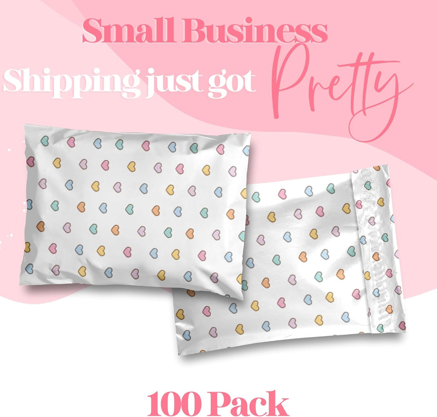 14.5x19 Designer Poly Mailer 100 Pack Heavy Duty Waterproof Self Seal Shipping Bags for Small Business Large Mailing Envelopes Bulk Tear Resistant Packaging Preppy Hearts
