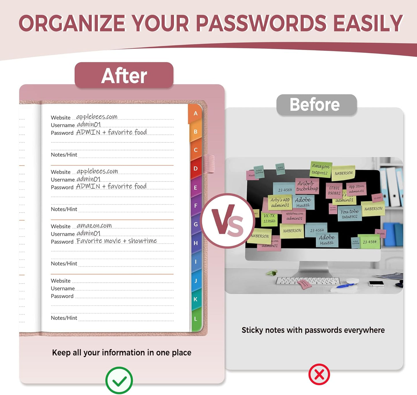 SUNEE Password Book with Colorful Alphabetical Tabs, Password Books for Seniors, Password Keeper Book for Computer and Internet Address Website Login, 5.3''x 7.7''- Rose Gold