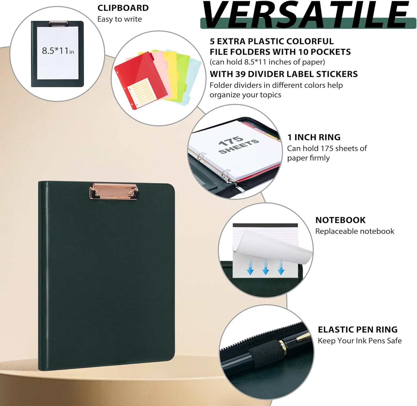 Leather Clipboard with Storage, Zippered Padfolio Portfolio Organizer, 3 Ring Binder 1 Inch, Notepad, Tablet Sleeve, 5 Dividers with Pocket, Stickets for Office, Nurses, Students, Teachers Green