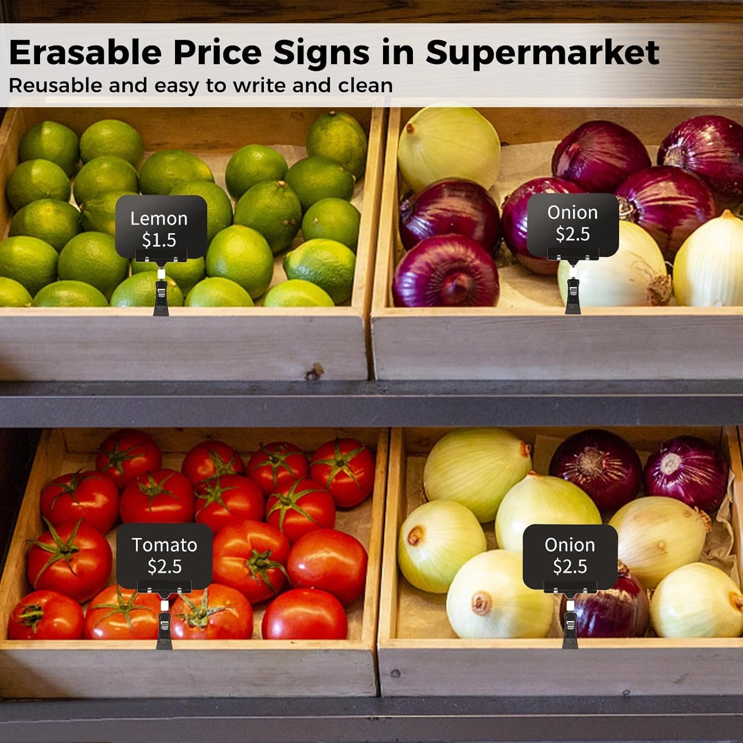 20 Pcs Price Display Signs, Adjustable Clip on Sign Holder with 20 Clips and 2 Pens, Rotataing Plastic Chalkboard Sign, Double Sided Mini Blackboard Clips for Store Business Office