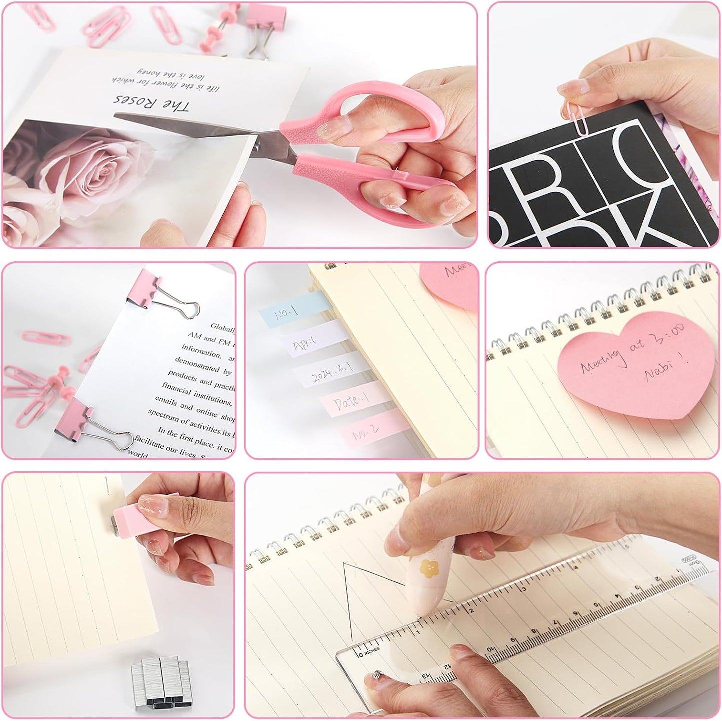 Office Desk Accessories, Pink Office Supplies Set Desk Accessories for Women, Cute Office Supplies with Stapler, Mini Stapler, Staple Remover, Tape, Clips, Scissor and Tabs, Stationary Set for Student