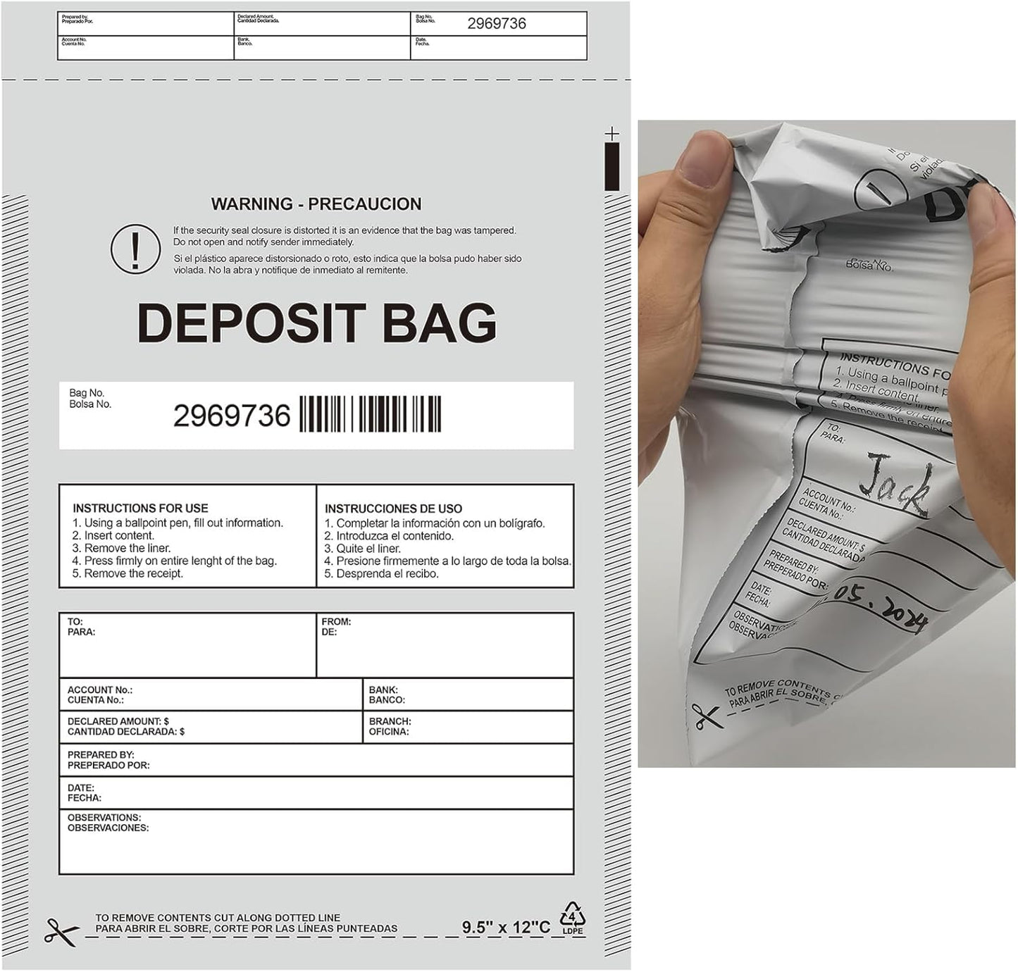 Plastic Deposit Bags 100-Pack Opaque 9.5''x 15'', Opaque Security Bank Deposits Bags,Cash register bag,Money bag for Cash,Bank Pocket,Tamper-Evident Bag,Unique Barcode