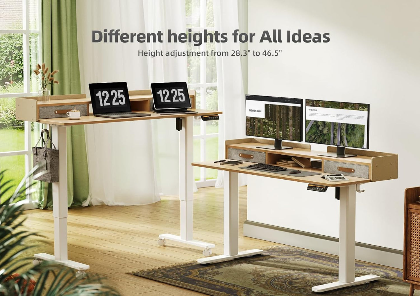 YDN Standing Desk with Drawers, 48 Inch Standing Desk Adjustable Height, Adjustable Electric Stand Up with Storage and Shelf, Natural