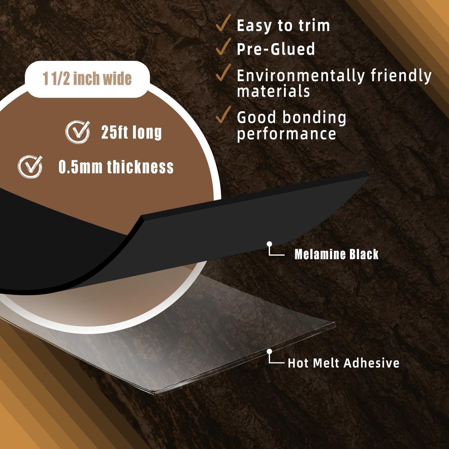 GSCIT Club Black Edge Banding, 1 1/2 Inch x 25ft Melamine With Hot Melt Adhesive Preglued Cabinet Flexible Black Veneer Edging