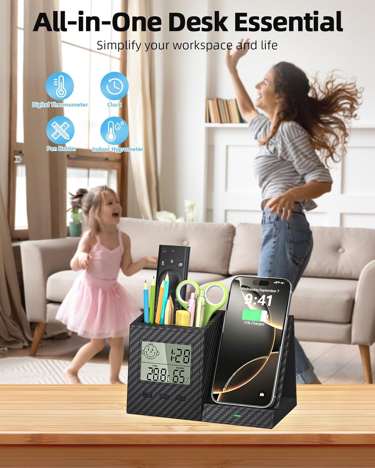 Multifunctional Pen Holder and Organizer for Desk with Wireless Charger, Digital Indoor Thermometer and Humidity Gauge, Home Office Organizers and Storage (Battery Included)