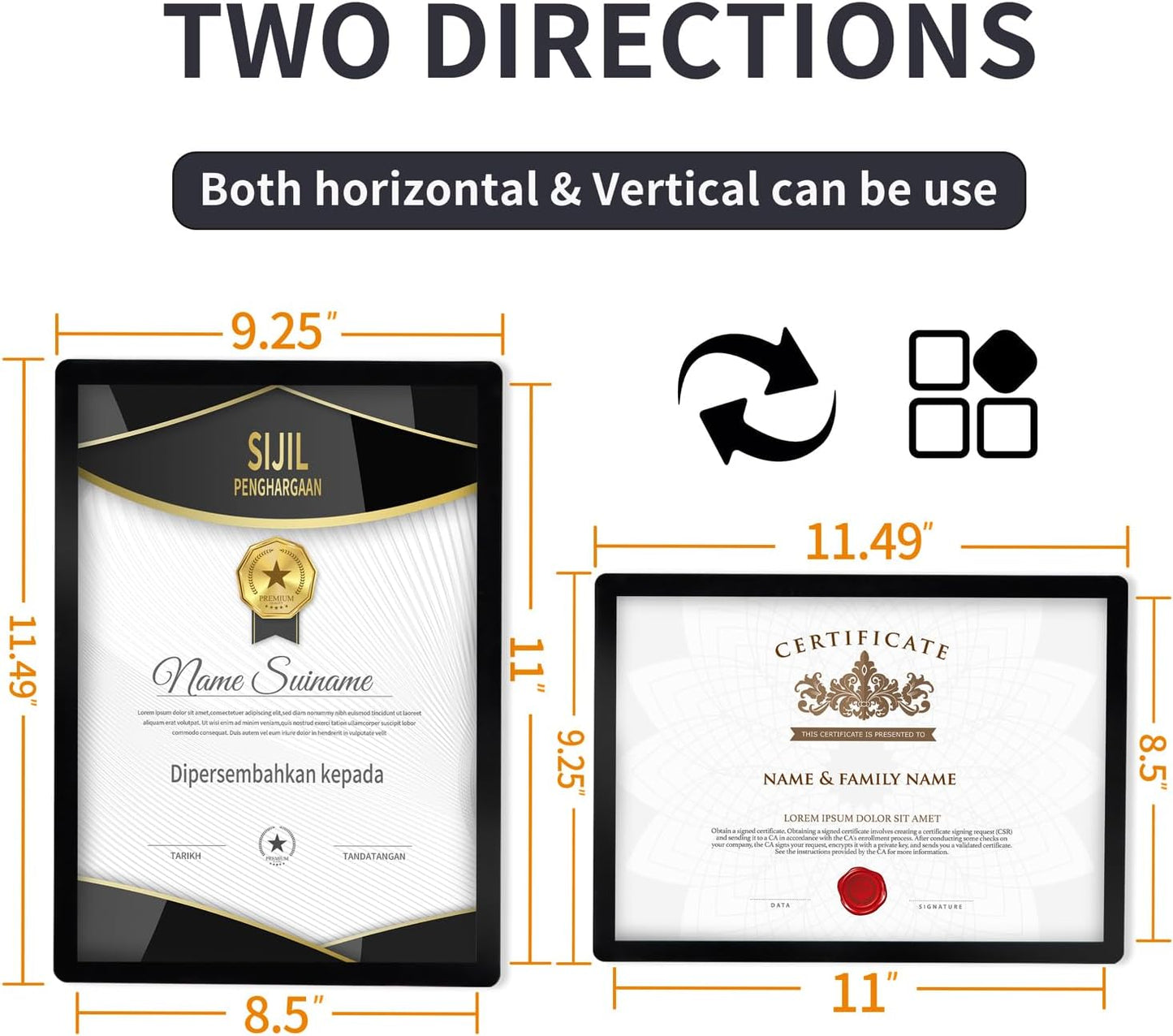 Sign Holder 8.5"x11" Wall-mounted 2 Pack, Self-Adhesive Display Frame for College Certificate/Poster/Paper/Picture Office/Store/School Display Sign Holder with Horizontal and Vertical (Black)