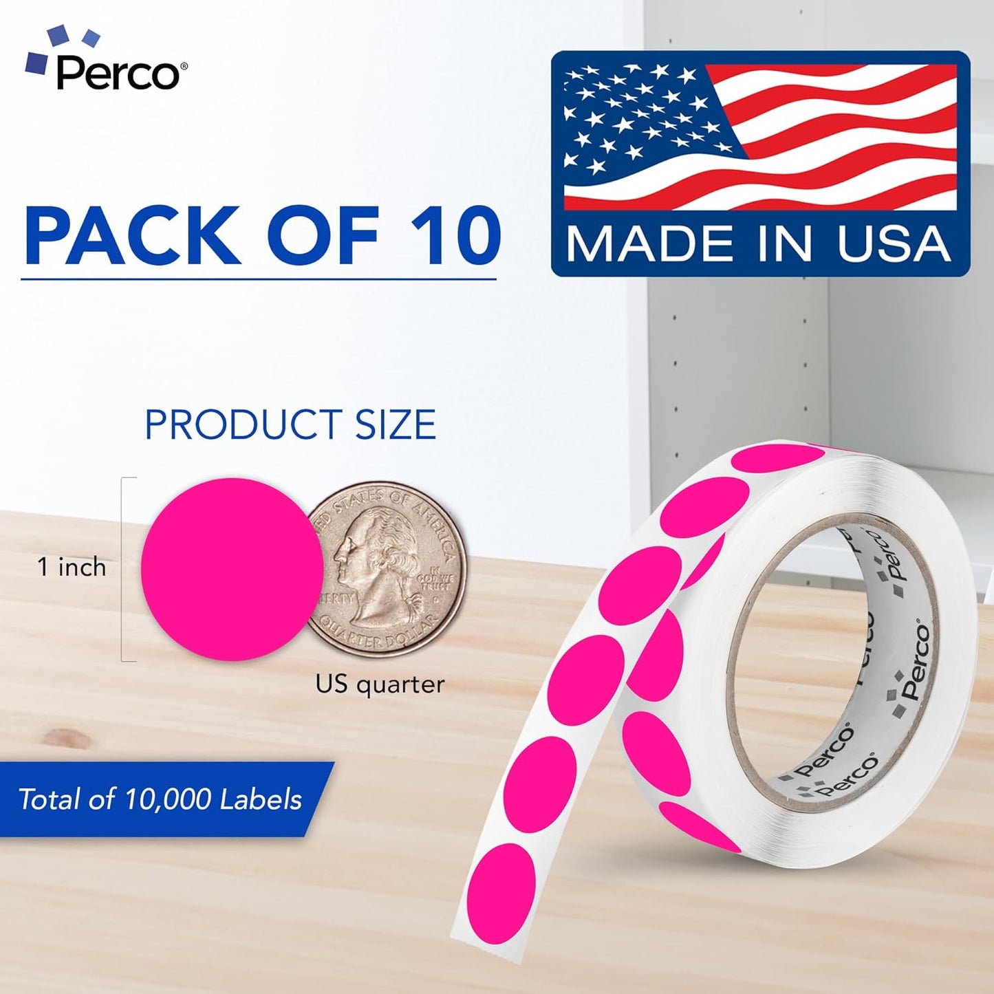 Perco Fluorescent Pink 1-Inch Perforated Circle Dot Sticker Labels — 10 Rolls, 10,000 Round Stickers — with Permanent Adhesive for Inventory Management, Color Coding, Garage Sales, Crafts—Made in USA