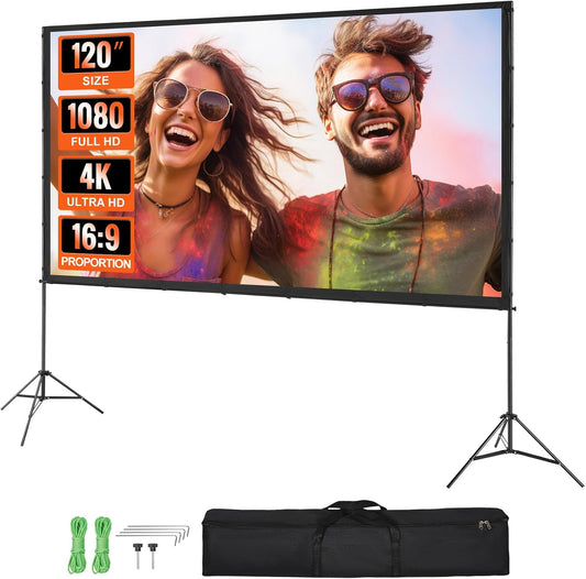 VEVOR Projector Screen with Stand, 120 inch 16:9 4K 1080 HD Outdoor Movie Screen with Stand, Wrinkle-Free Projection Screen with Tripods and Carry Bag, for Home Theater Cinema Backyard Movie Night
