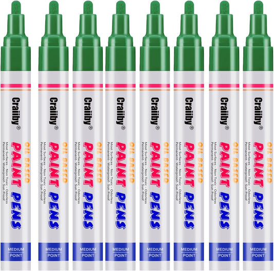 Green Paint Markers, 8 Pack Oil-Based Waterproof Quick Dry Permanent Paint Pen Set for Rocks Painting, Wood, Fabric, Plastic, Canvas, Glass, Mugs, Metal, Tire, Stone, DIY Craft