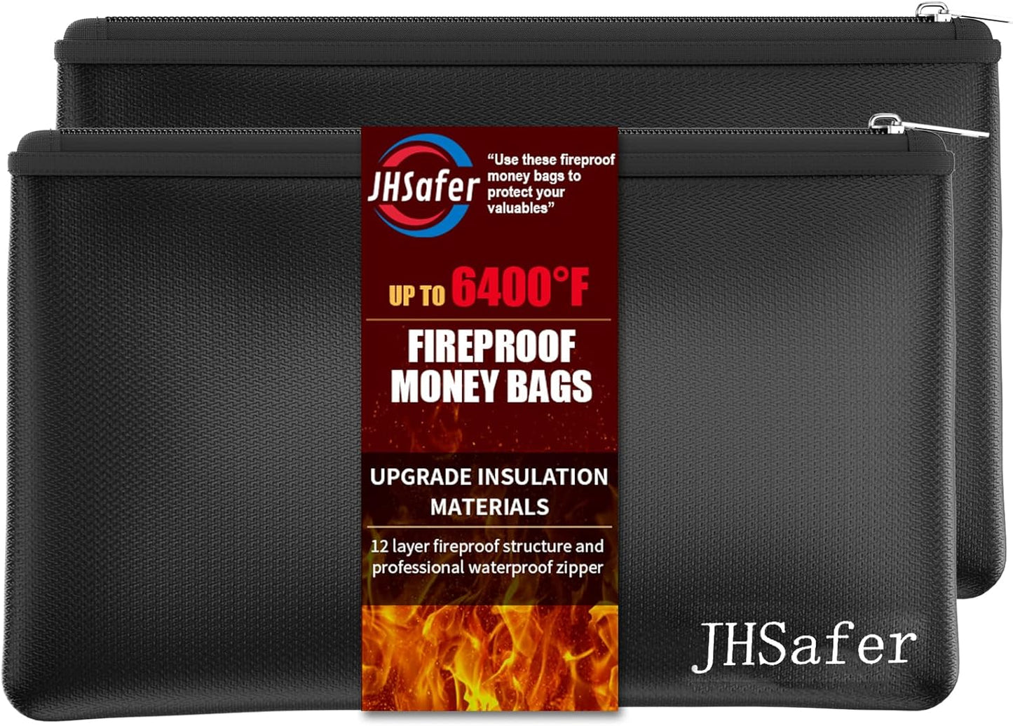 6400℉ Fireproof and Waterproof Money Bags 2pcs with Zipper,11''x6.3'' Fireproof Cash Bag with Zipper,Fireproof Wallet Envelope Safe Pouch Fireproof Bags for Cash Passports Keys Jewellery(Black)