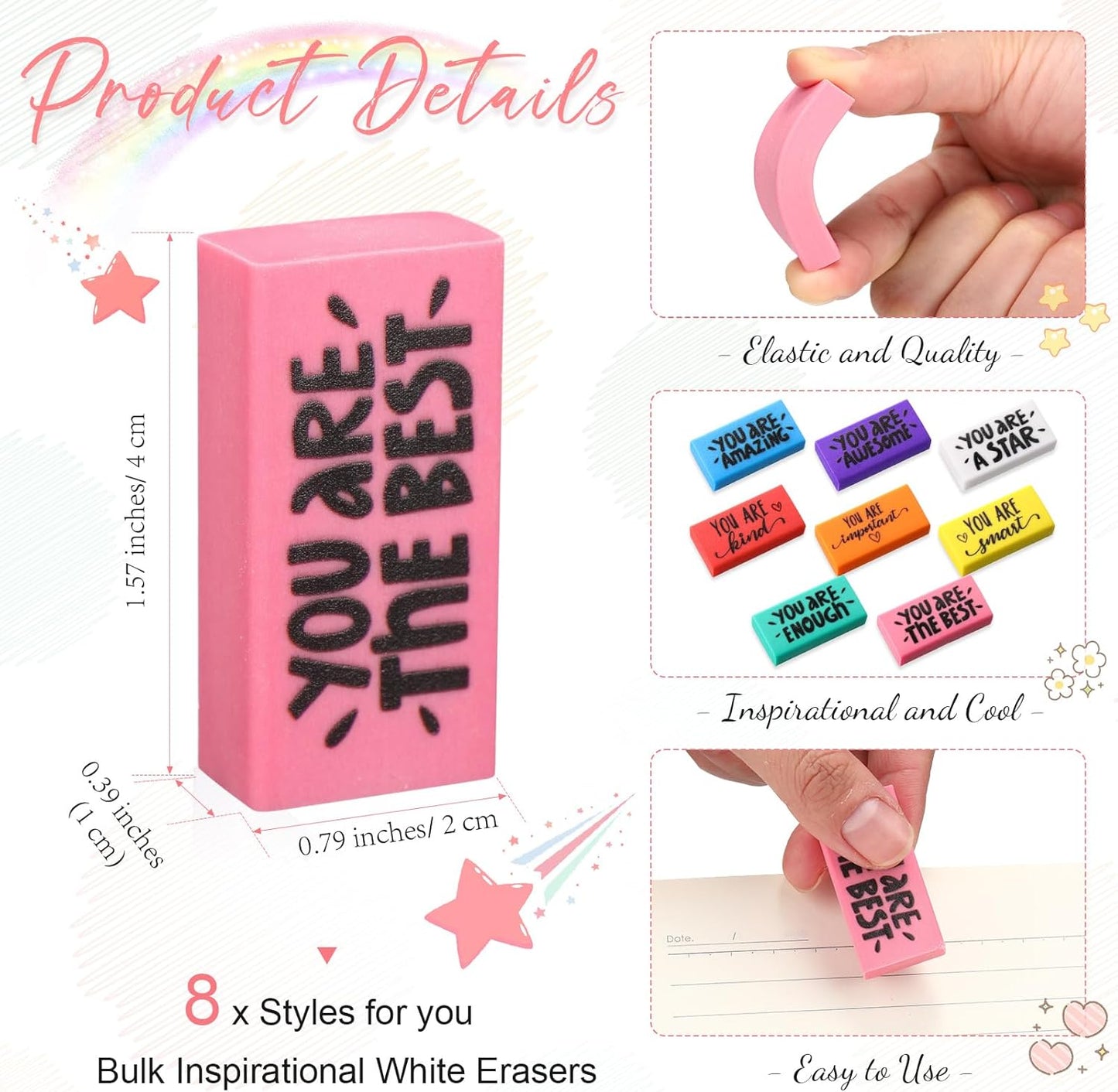 PerKoop 50 Pcs Inspirational Erasers Bulk Back to School Gifts Colorful Motivational Pencil Erasers for Kids First Day of School Favors for Students Teachers Classroom Office Supplies