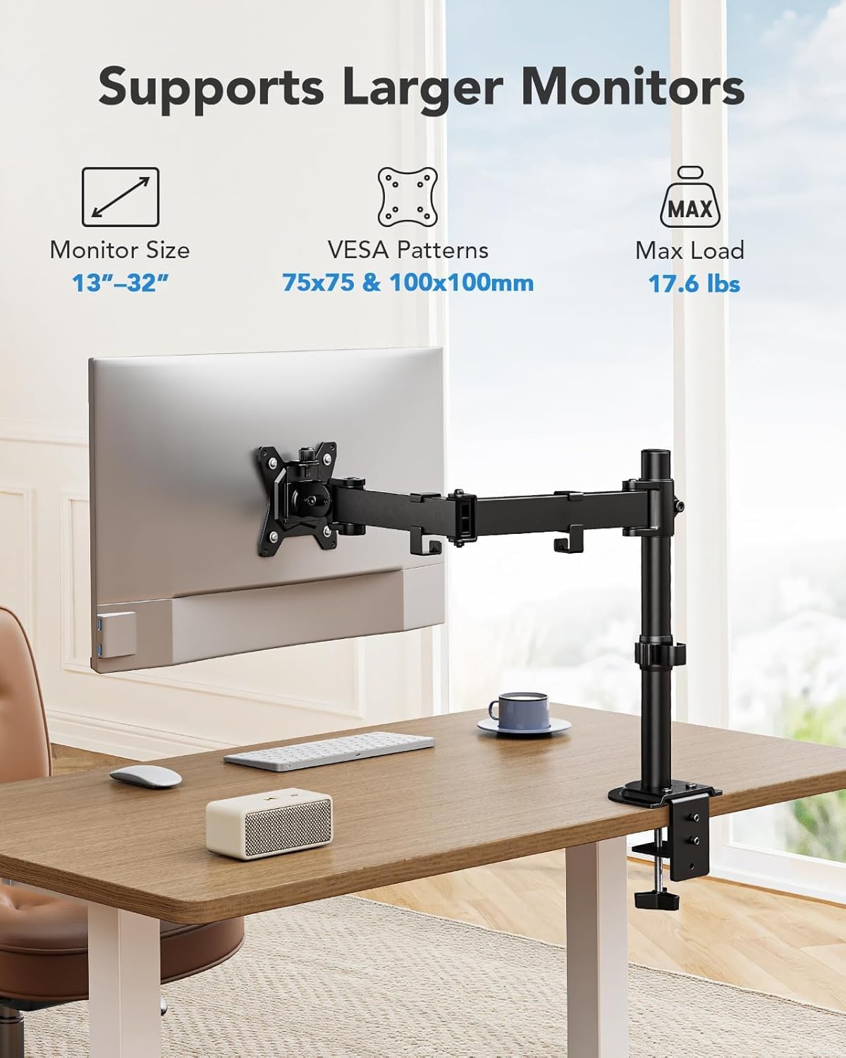 HUANUO Single Monitor Mount, Monitor Arm for 13”-32” Monitors up to 17.6 lbs, Adjustable Stand with 16” Max Height, Desk Mount with C-Clamp and Grommet Base, VESA 75x75mm or 100x100mm