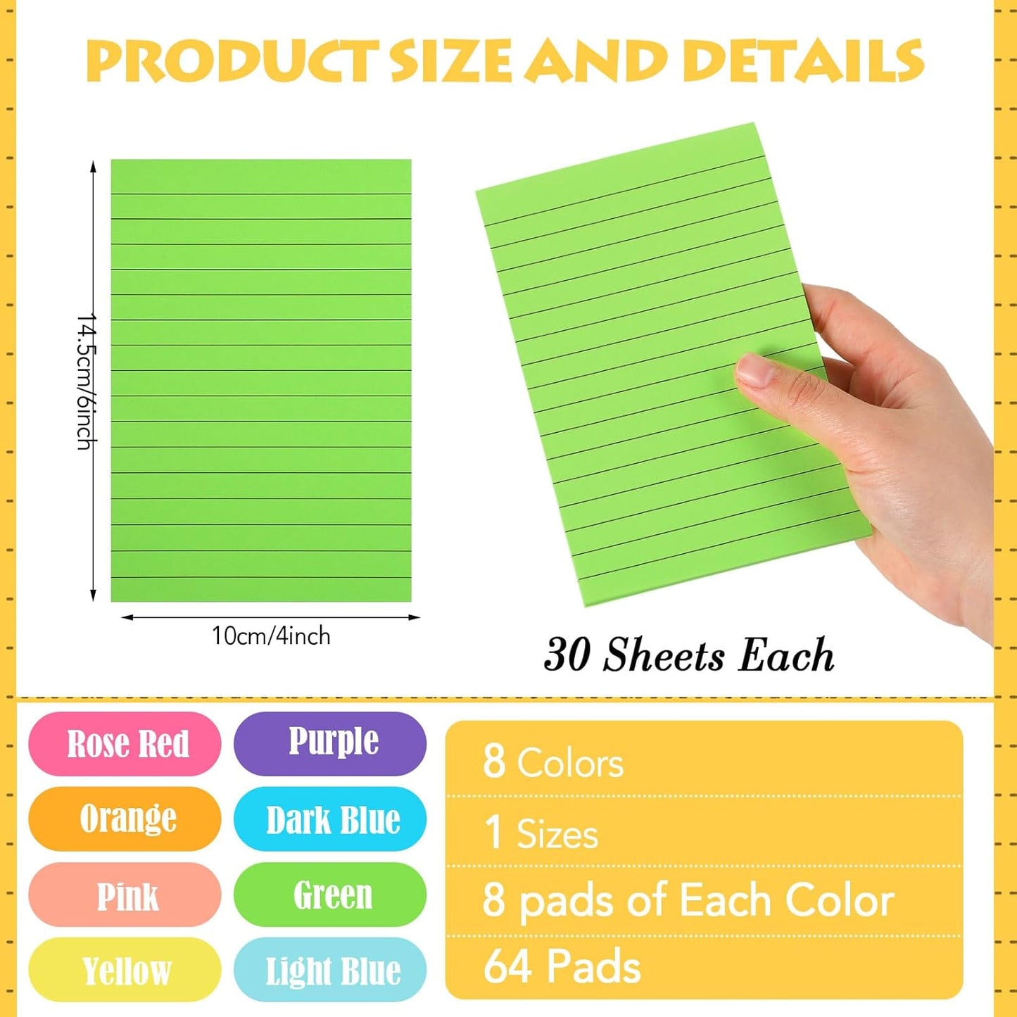 Yexiya 64 Pcs Lined Sticky Notes Self Stick Notes with Lines Bright Assorted Colors Sticky Pad for Home Office Products Post Memos, 1920 Sheets(4 x 6 Inch,Classic Color)