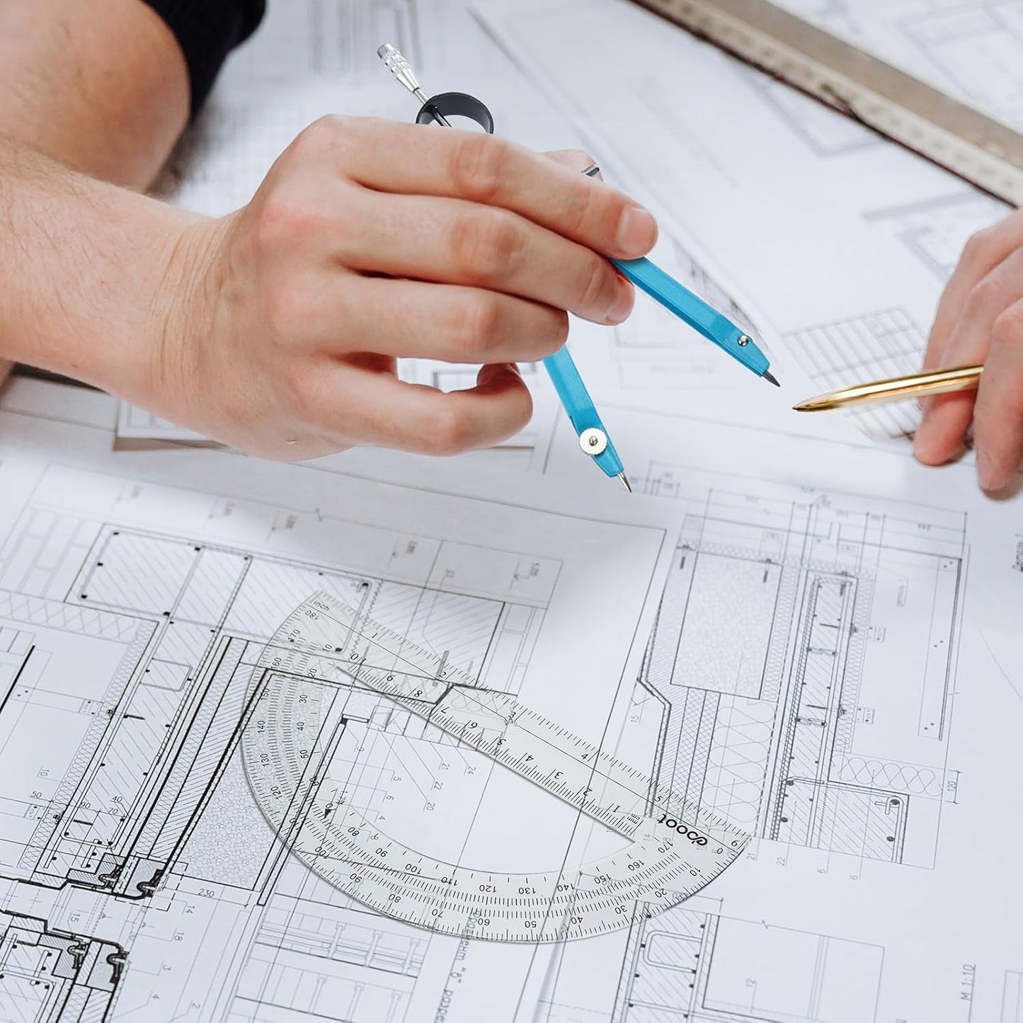 EBOOT Student Geometry Math Set, Drawing Compass and 6 Inch Clear Swing Arm Protractors 180 Degree Math Protractor (Sky Blue)