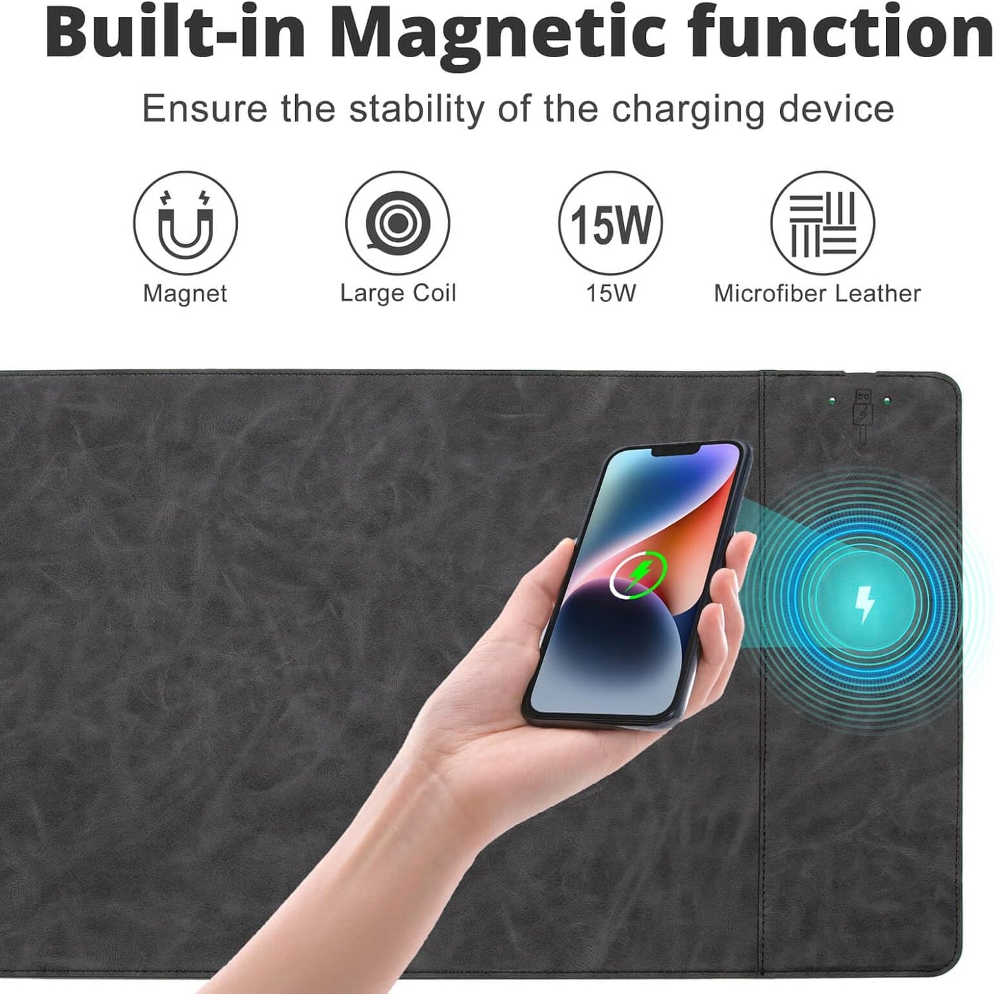 Magnetic Wireless Charging Desk Pad, Office Desk Mat with Wireless Charger, Waterproof and Scratch-Resistant Large Mouse Mat, Microfiber Leather Mouse Pad for Office and Home Use,Grey Color