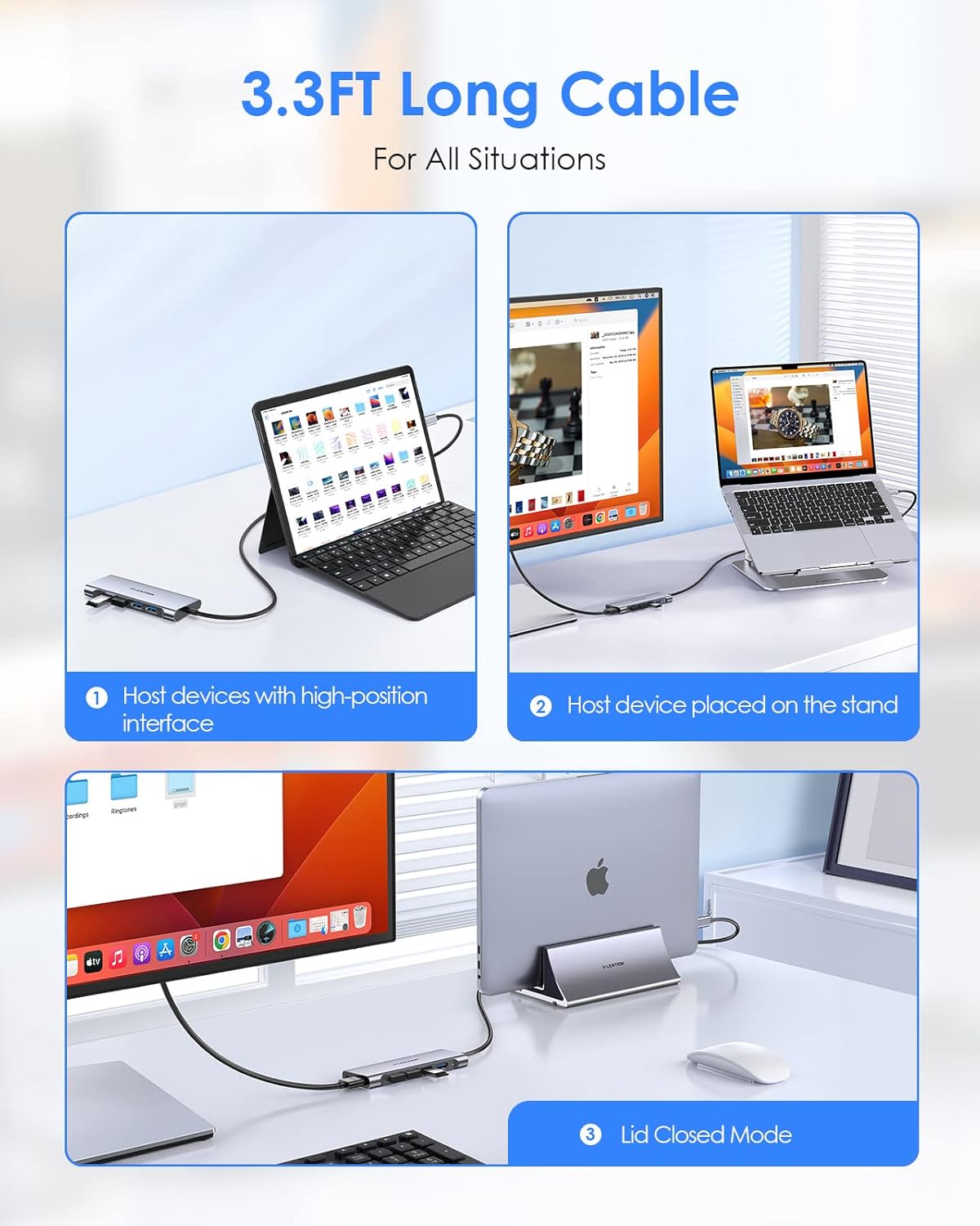 LENTION 3.3FT Long Cable USB C Multiport Hub with 4K HDMI, 4 USB 3.0, Type C Charging Compatible 2024-2016 MacBook Pro, New Mac Air/iMac/Mac Mini, More, Stable Driver Adapter (C35-1M, Space Gray)