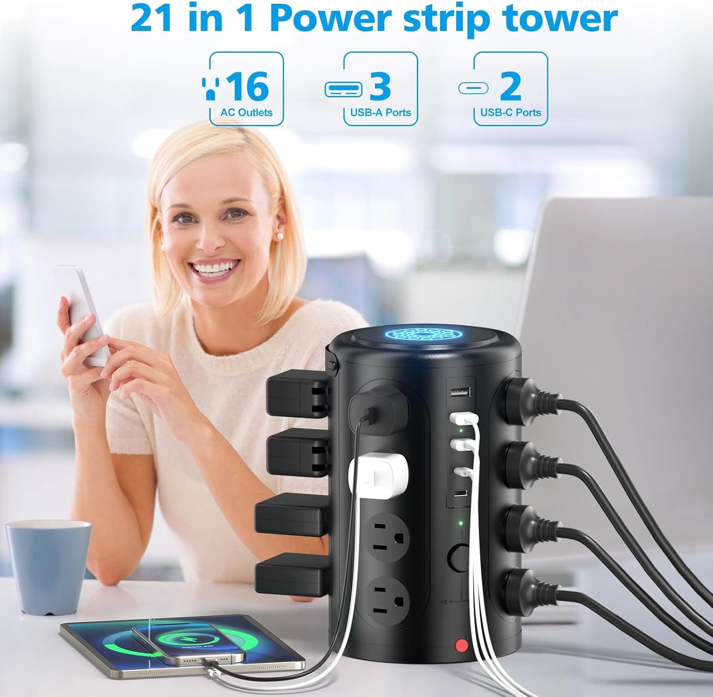Surge Protector Power Strip,Desk Charging Station with 15W Wireless Charger, Multiple Outlets Charging Station with 16 AC Outlets & 5 USB (2 USB C) Port, for Home, Office, Dorm Room（10FT）