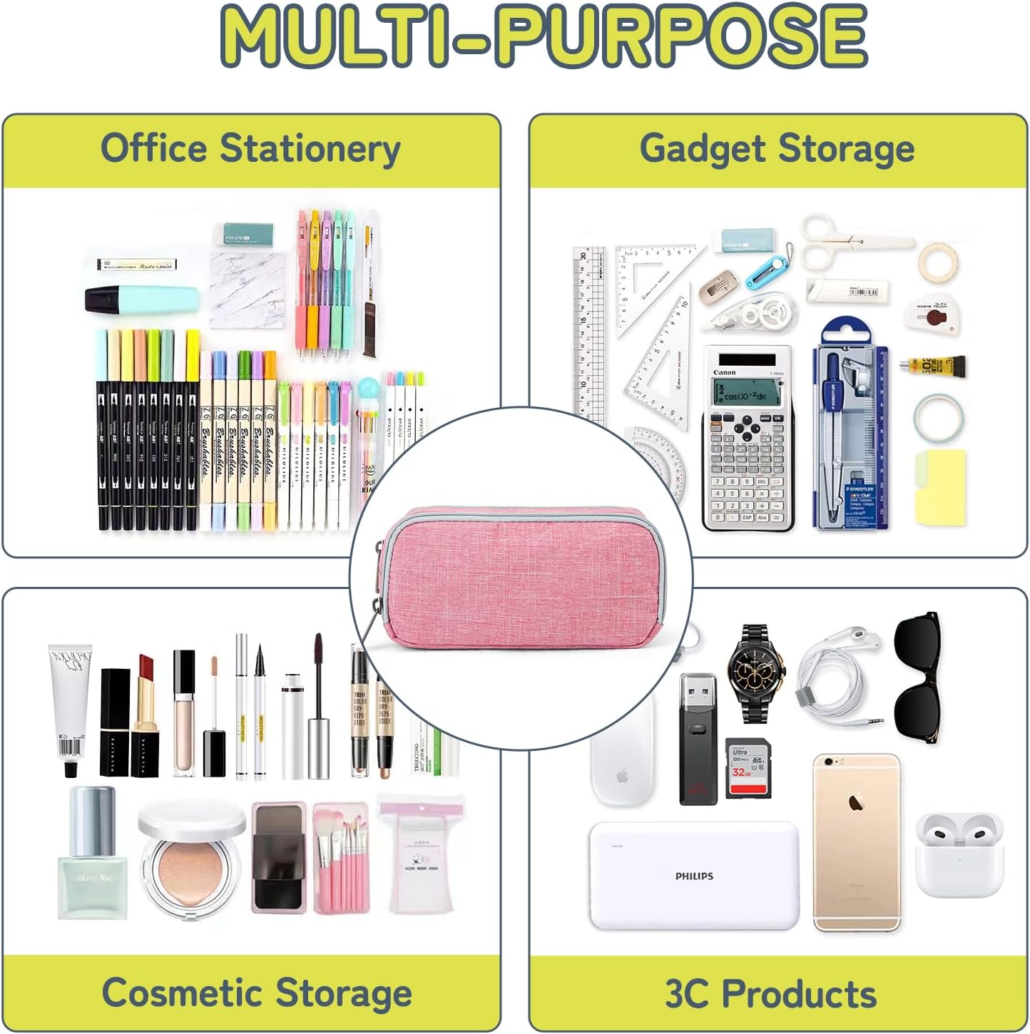 Della Gao Big Capacity Pencil Pen Case Nylon Large Pencil Pouch Simple Stationery Bag Office Organizer Pen Bag for Men Women - Pink