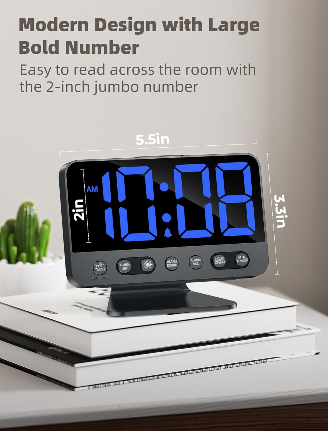 Digital Alarm Clocks for Bedrooms: Large Bold Number 5 Brightness Dimmer - Easy to Read Across The Room - 5 Alarm Sound 8 Night Light - Black