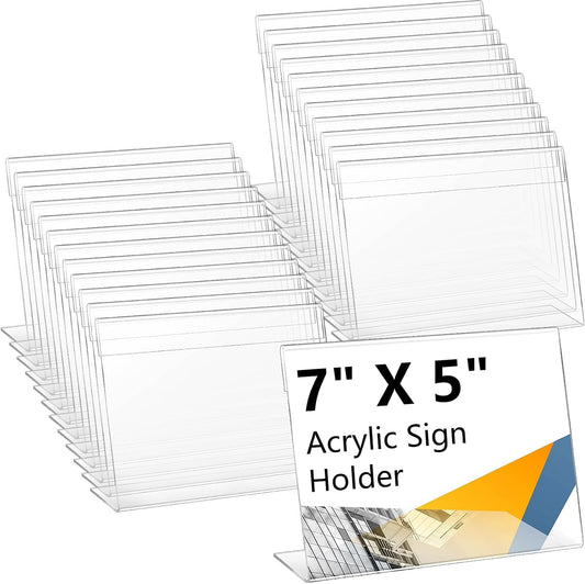 Vicenpal 6 Pcs 7x5 Inch Clear Acrylic Sign Holder Plastic L-shape Vertical Menu Stand, Picture Photo Frames, Table Paper Holder, Flyer Sign Display Stand for Restaurants, Store, Office, Wedding