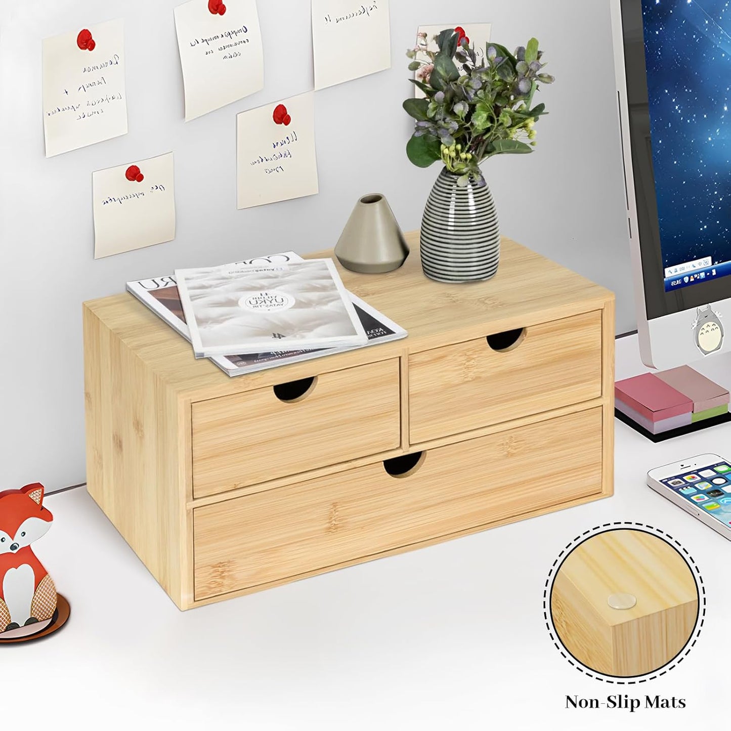 Bamboo Desk Organizer, 3 Drawer Desktop Organizer, Tabletop Storage Organization Box for Bills, Countertop, Home Office Supplies