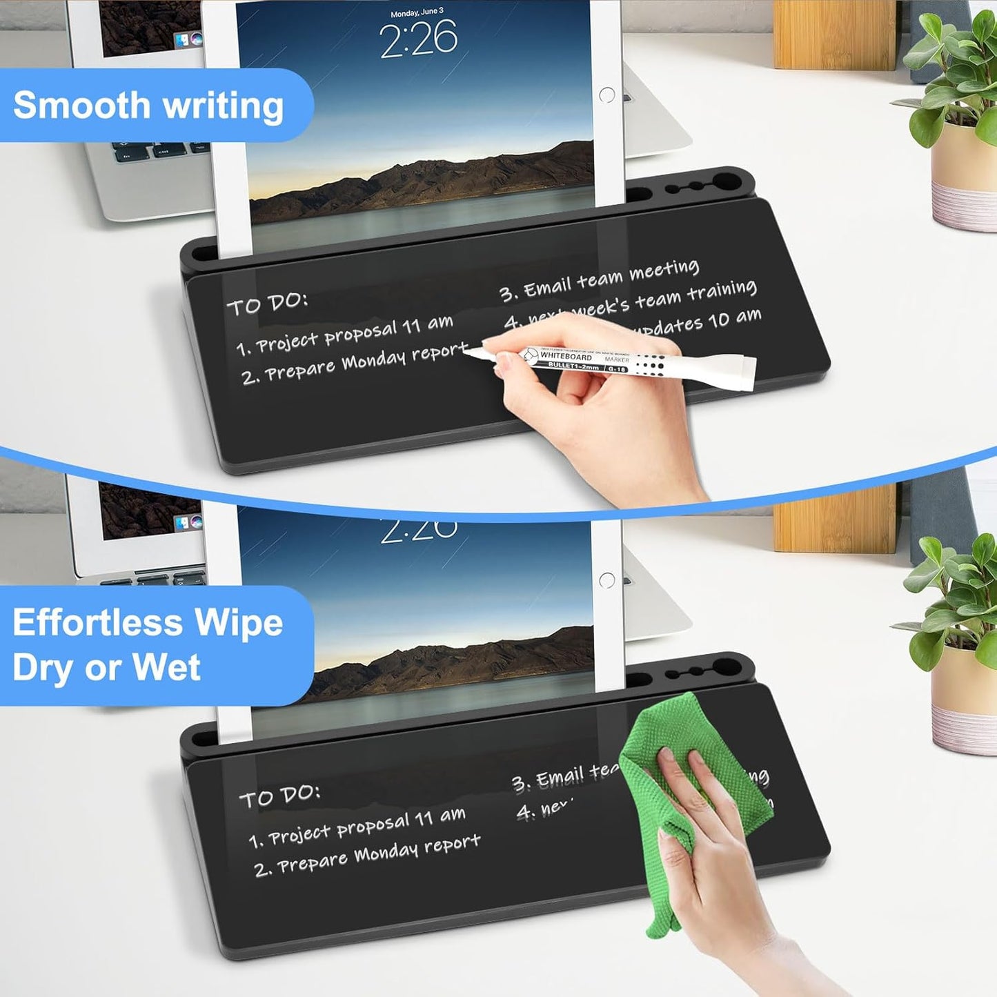 Desktop Glass Whiteboard with Storage, Desk Board with Computer Keyboard Stand, White Dry Erase Board with Drawers for Home, School, Office Desk Organizers and Accessories - Black