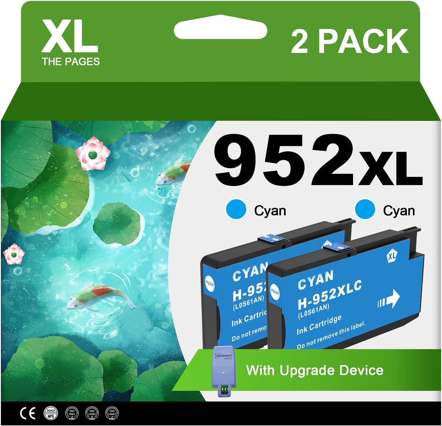 952XL Cyan Ink Cartridges with Upgrade Device Replacement for HP 952 XL Combo Pack for HP Officejet Pro 7740 8720 8710 8210 8715 8740 8702 8730 8725 Printers (952XL Cyan High-Yield 2 Packs)