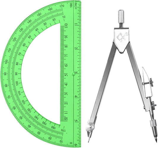 Students Geometry Math Set, Drawing Compass and 6 Inch Transparent Swing arm Protractor 180 Degree Math Protractor (Green)
