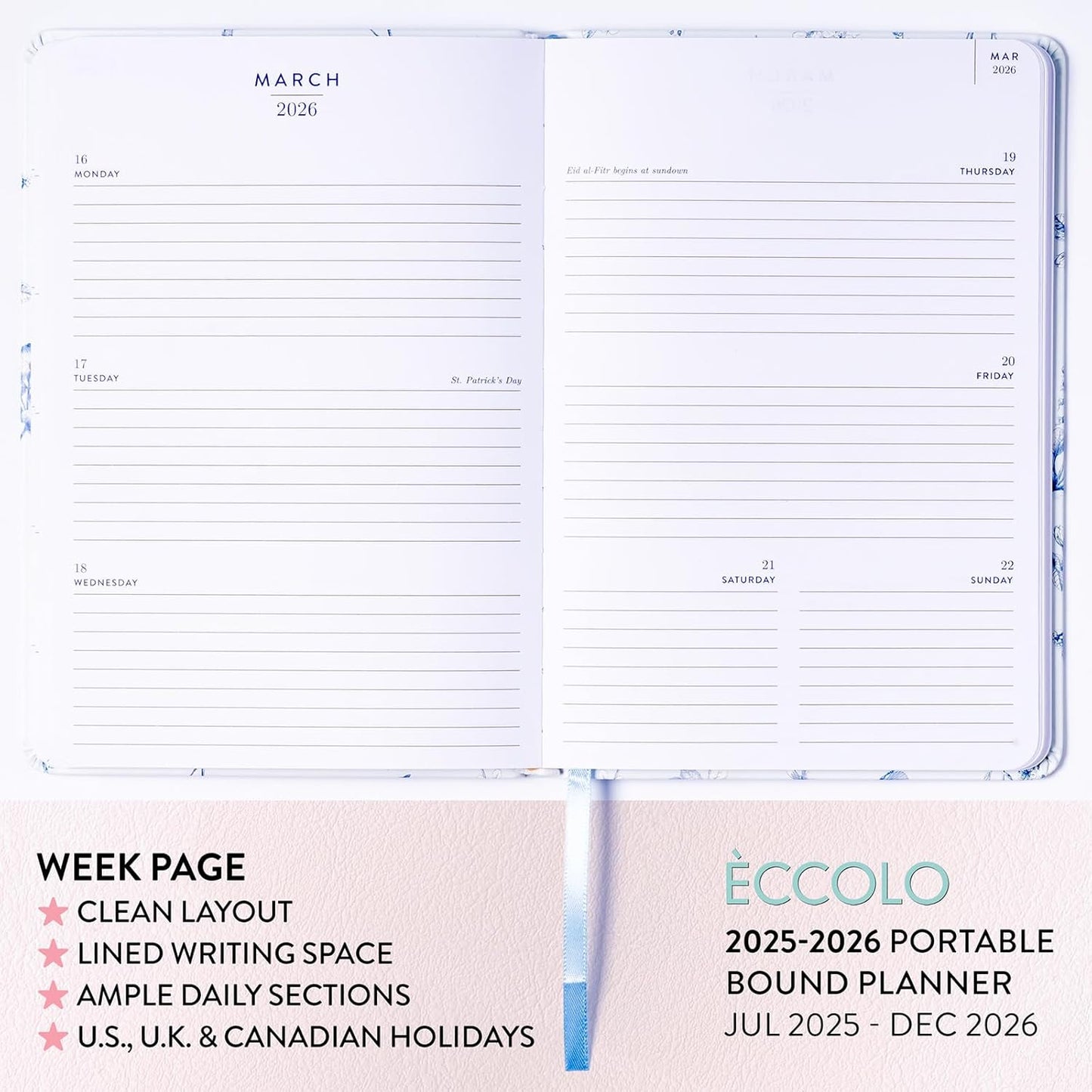 2025-2026 Eccolo 18 Month Bound Planner, Monthly & Weekly Pages (5.25 x 7.75" - July 2025 to Dec 2026 - Country Charm)
