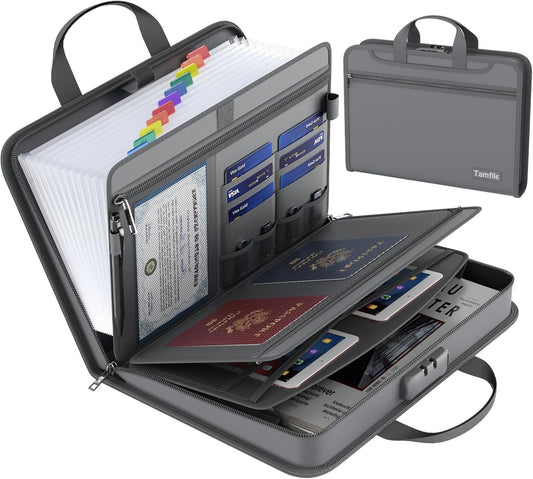 5200℉ Fireproof Accordion File Organizer with Lock, Thickened Document Organizer 13 Pocket with Zipper & Labels, Important Document Organizer, Expanding File Folder with Handle for Letter A4 (Grey)