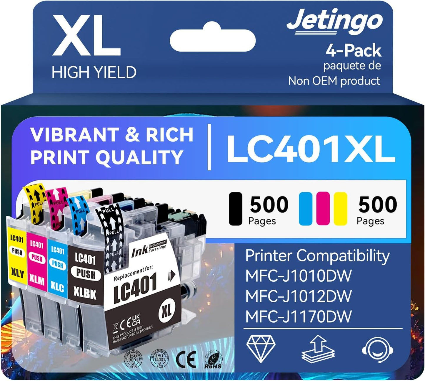 LC401XL Ink Cartridges for Brother Printer 4 Pack Work with Brother MFC-J1010DW MFC-J1012DW MFC-J1170DW Printer (1 Black, 1 Cyan, 1 Magenta, 1 Yellow)