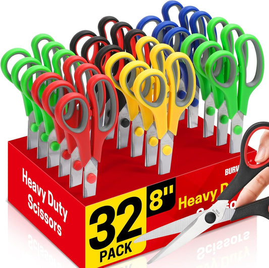 Scissors Bulk Set of 32-Pack, 8" All Purpose Multipurpose Sharp Sewing Craft Fabric Scissors for Office Home High/Middle School Student Office Teacher Art Supplies, Right/Left Handed