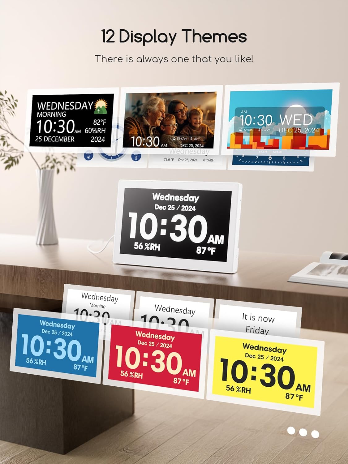 Raynic Digital Wall Clock, 10.1 Inch Large Display Digital Calendar Clock with 12 Themes, 20 Alarms, 20 Reminders, Auto Dimming,12/24 Hours, Temperature, Humidity for Seniors, Desk, Wall Mounted