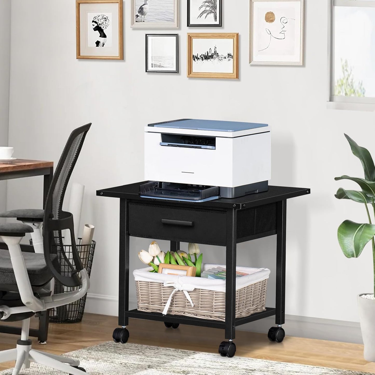 Lerliuo Under Desk Rolling Printer Stand with Drawer, 2-Tier Industrial Mobile Printer Table Desk with Storage Shelf and Steel Frame, Printer Cart Holder with Lockable Wheels for Home, Office (Black)