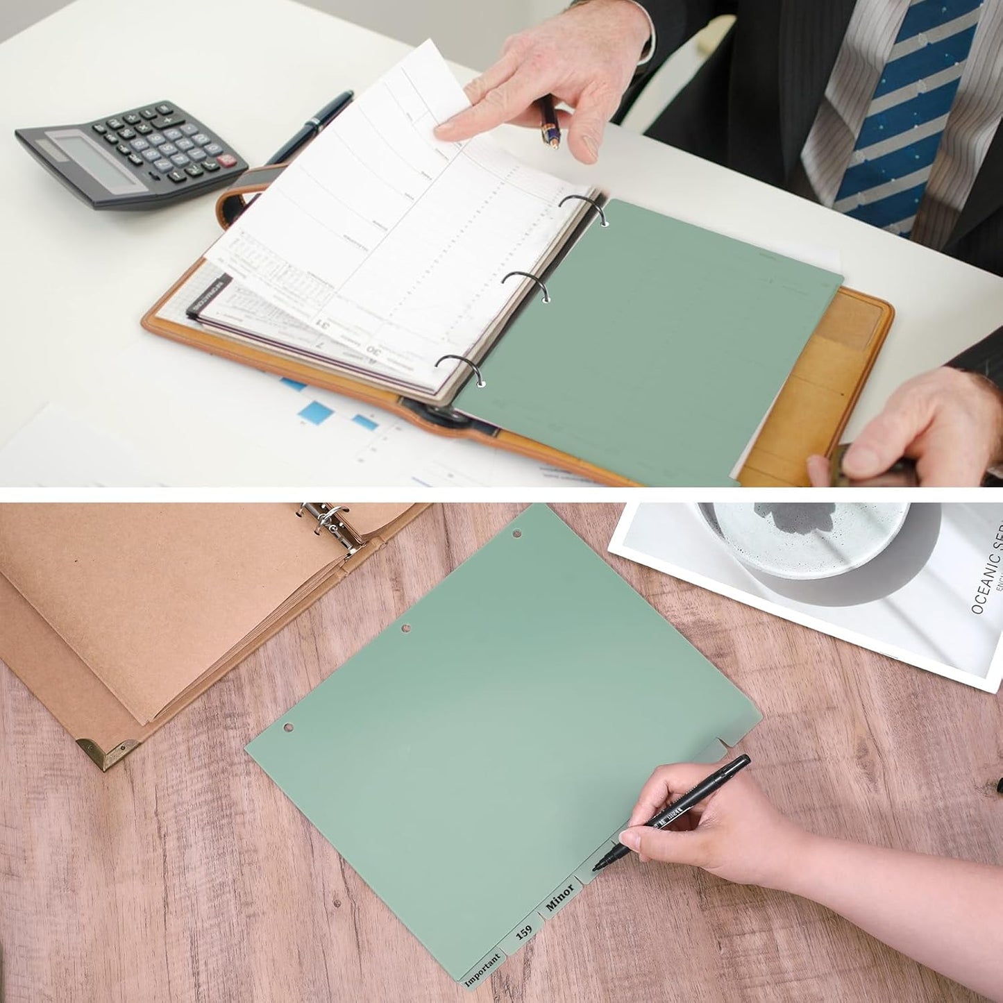 3 Ring Dark Green Binder Dividers with 8-Tabs, A4 Binder Dividers, Sturdy Plastic Divider, Suitable for Notebooks and Binders, Tabs for Binder, 3 Hole Punch (Dark Green, A4)