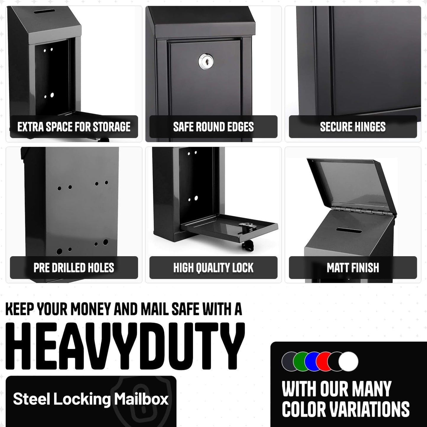 Metal Donation Box-Suggestion Box with Slot and lock-Cash Lock box for Money-Waterproof Drop Box-Comment and ballot voting box-comes with pre-drilled holes for easy wall mounting 10x6x2.5"(Black)