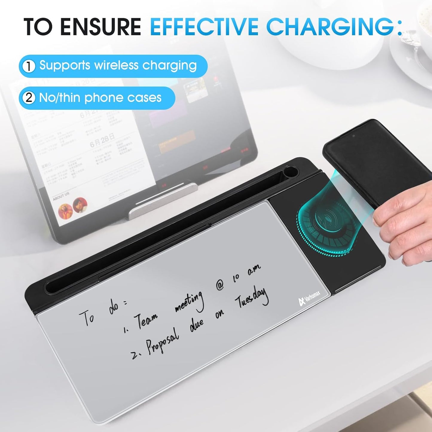 Varhomax Glass Desk Whiteboard with Wireless Charger, Desktop Organizer Dry Erase White Board with Storage, to Do List Memo Notepad for Home and Office Supplies (Black & Gray)