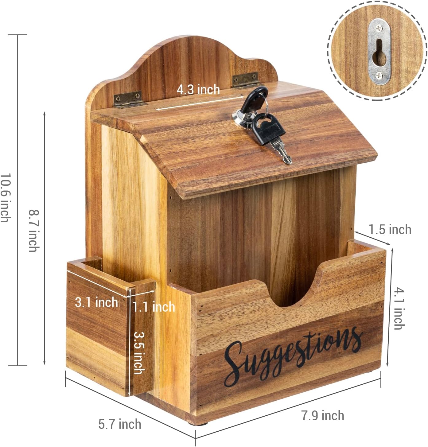 MyGift Premium Solid Acacia Wood Suggestion Box, Wall Mountable Feedback Collector with Black Cursive "Suggestions" Lettering, Comment Card Slot, Pen Holder, Top Lock and Keys