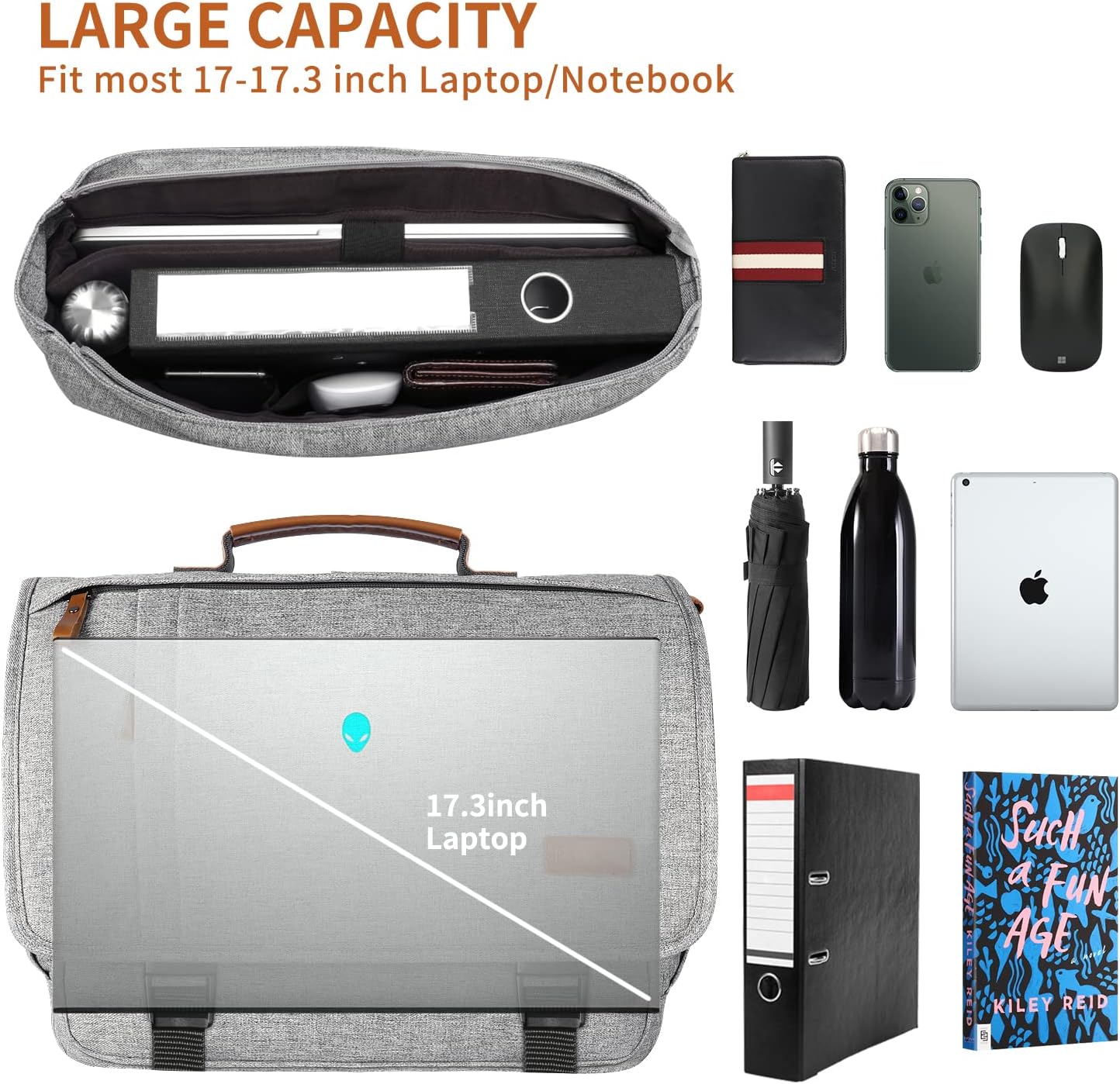 ESTARER Messenger Bag 17-17.3 Inch, Men's Computer Bag Water-resistant Canvas, Laptop Shoulder Bag for Travel Work College, Light Grey