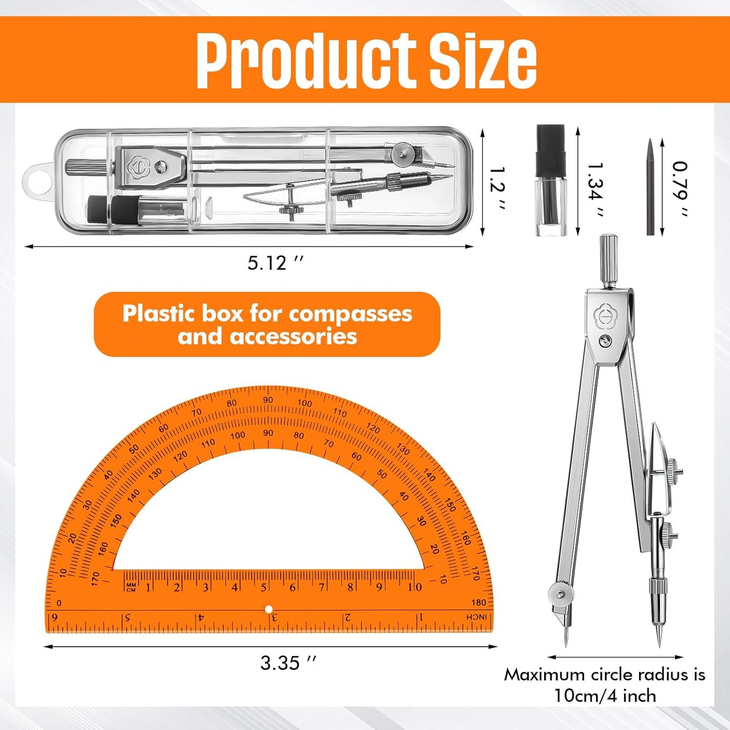 EBOOT Student Geometry Math Set, Drawing Compass and 6 Inch Swing Arm Protractor 180 Degree Math Protractor (Orange)