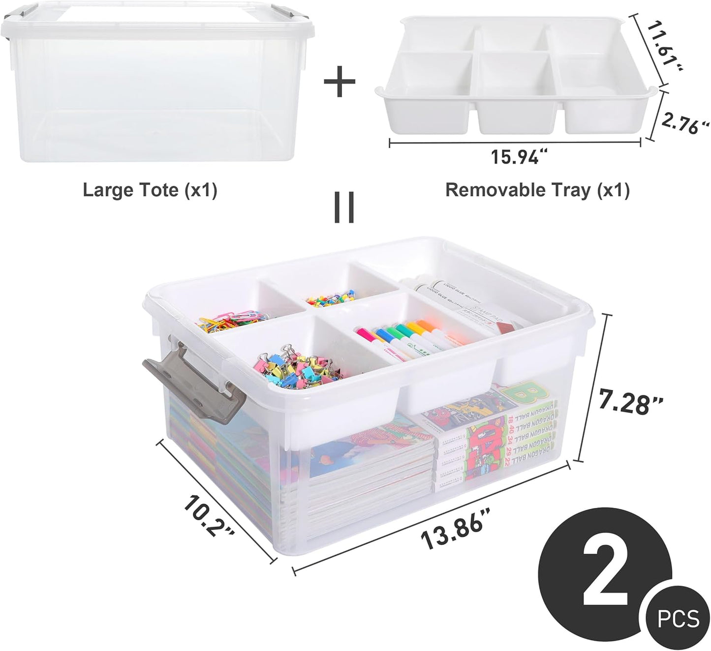 Citylife 17 QT Plastic Storage Box with Removable Tray Craft Organizers and Storage Clear Storage Container for Organizing Bead, Tool, Sewing, Playdoh, 2 Packs