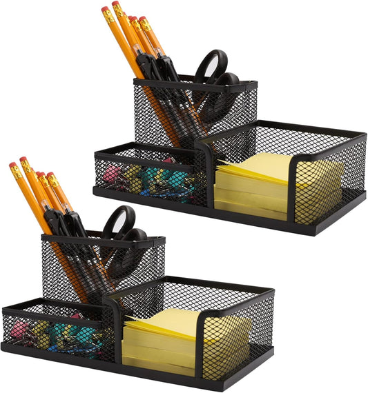 Ludato 2 Pieces Mesh Pen Holder Desk Organizers and Accessories for Desk，3 Compartments Black Pencil Holder for Office Supplies， Gifts for Colleague