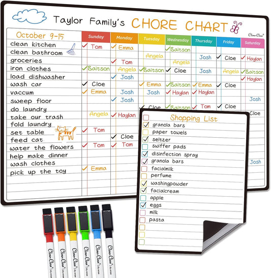 Magnetic Dry Erase Chore Chart - 14.5"x11" Chore Chart for Kids, Teens and Adults - 6.5"x8.5" List Board for Fridge - 6 Extra Fine Point Markers Included - Shipped Flat