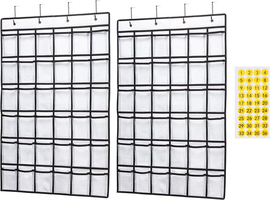2 Pack 36 Pockets Classroom Pocket Chart for Cell Phone Calculator Holder,Clear Pocket Chart Organizer for Classroom Cellphone Storage with 36 Number Sticker Size:38.5x25.7 Inch (White-2pack)