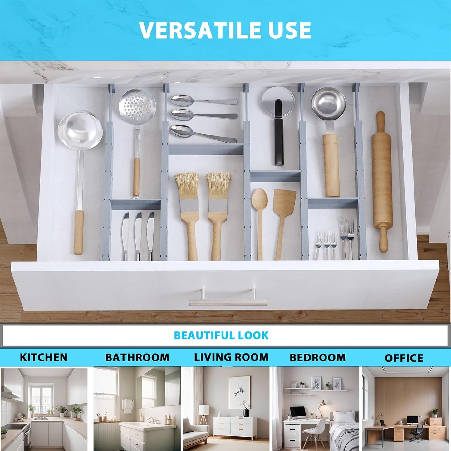 6 Pack Bamboo Drawer Dividers with 12 Inserts, Expandable Adjustable Clothes Drawer Organizers and Storage from 17" to 22" for Kitchen, Bedroom, Dresser, Cosmetics (Gray)