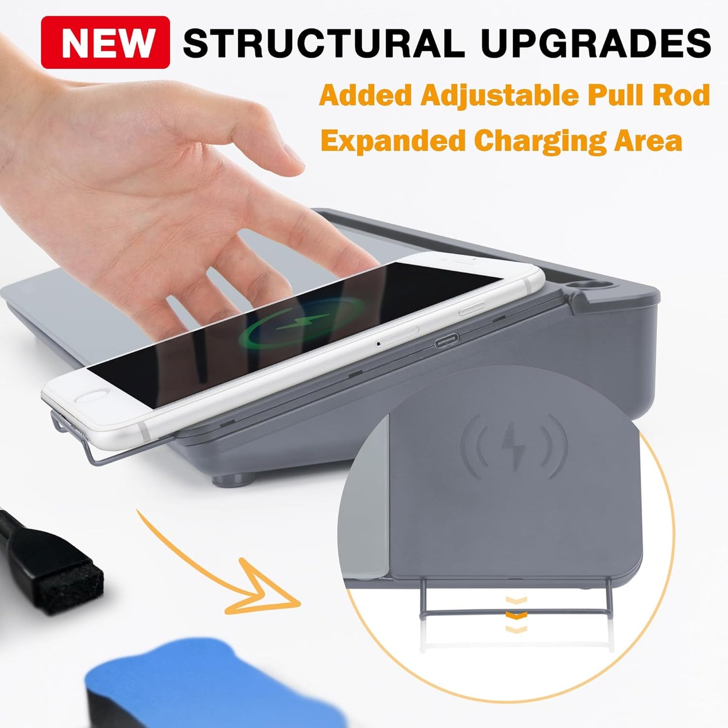 SELEAD Desktop Glass Whiteboard with Wireless Charger Station, Dry Erase White Board Computer Pad Keyboard Stand with Organizer for Home, School, Office Desk Accessories, Gray