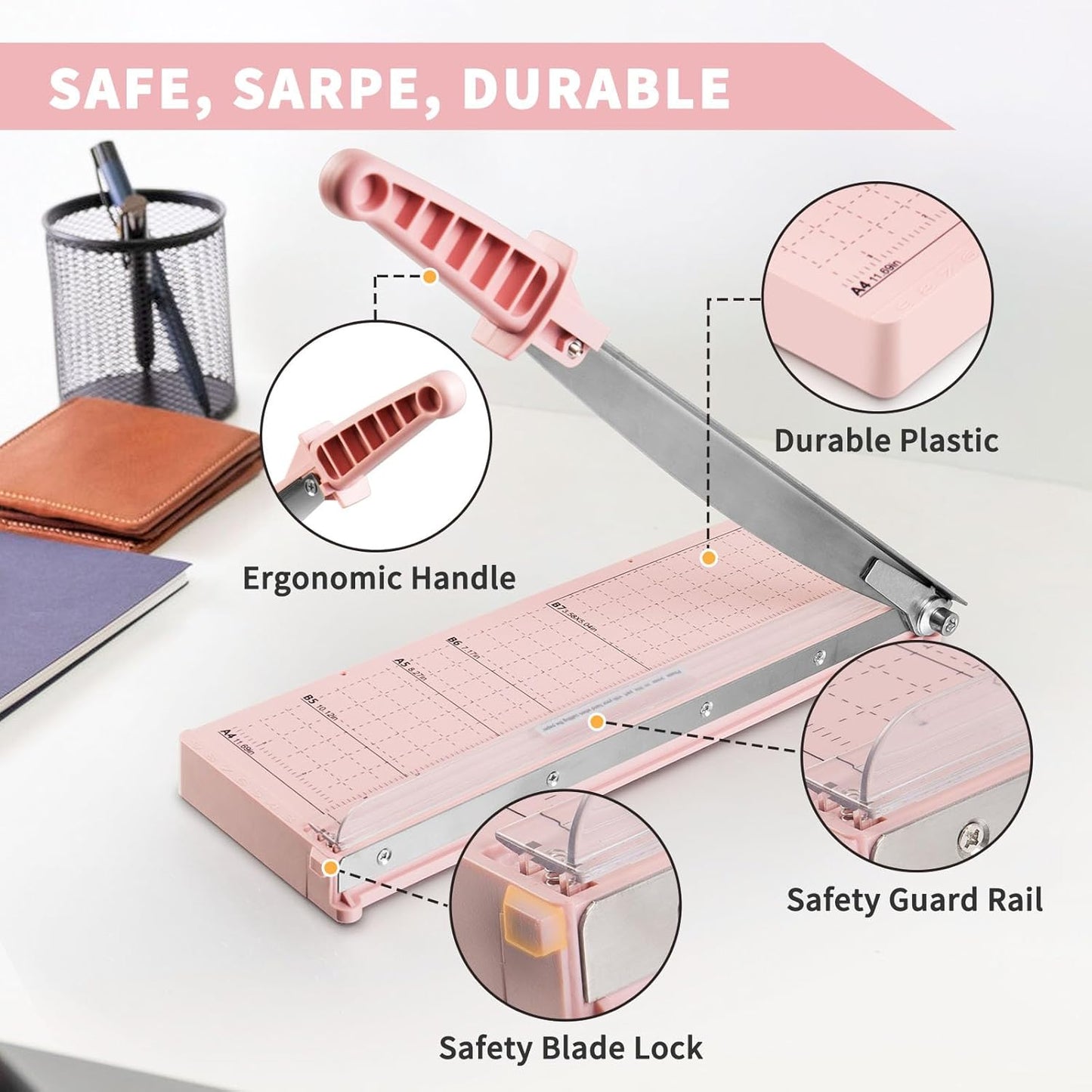 MAKEASY Paper Cutter 12 Inch, Guillotine Paper Cutter with 8 Sheet Capacity, Heavy Duty Paper Cutter for Cardstock, Paper Trimmer for Crafting, Classroom and Office, Pink